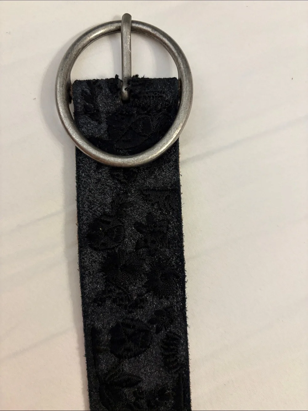 Lucky Brand Black Velvet Floral Pattern Belt with Silver Buckle
